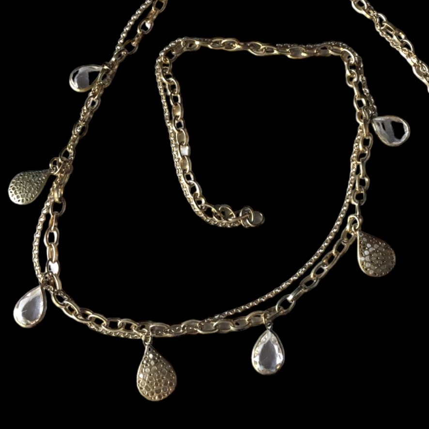 Antiqued Gold Tone And Clear Crystal Accent Large Link Station Necklace